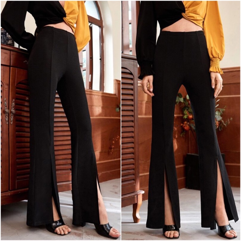 Black Slit hem flared bootcut dress pants work Fitted